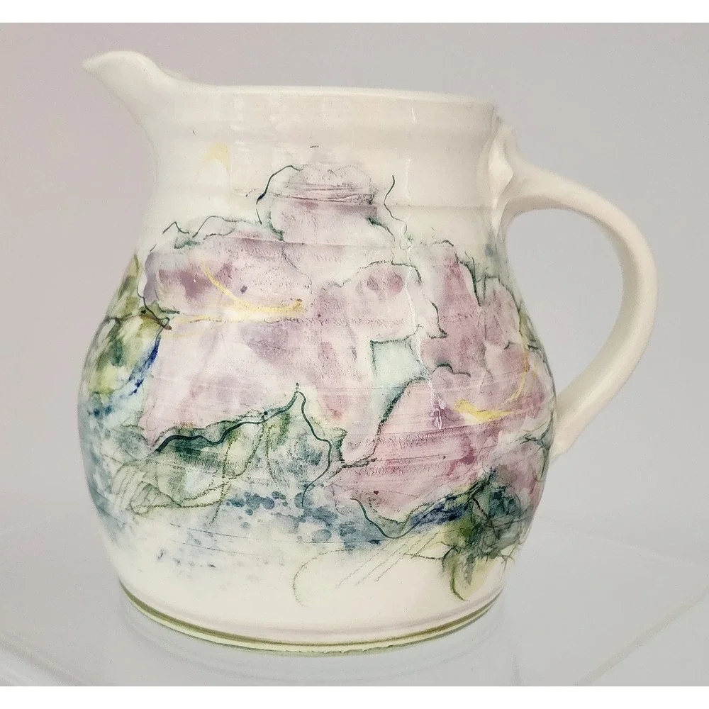 Studio Pottery Floral Pitcher Signed 1986 Cream Lavender Pink Excellent 6in